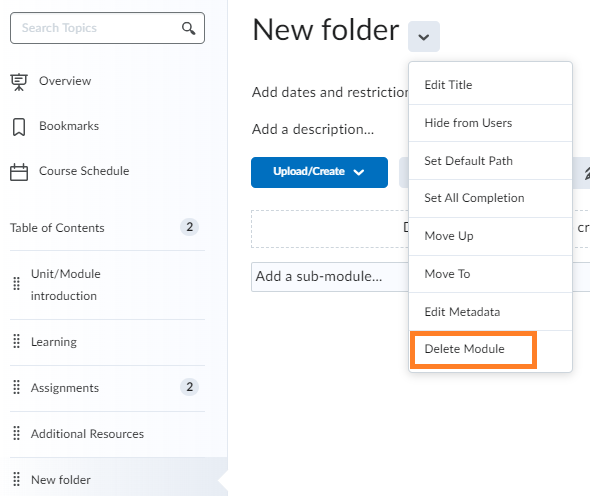 Figure 37 drop down menu of a content folder with the option to delete the folder